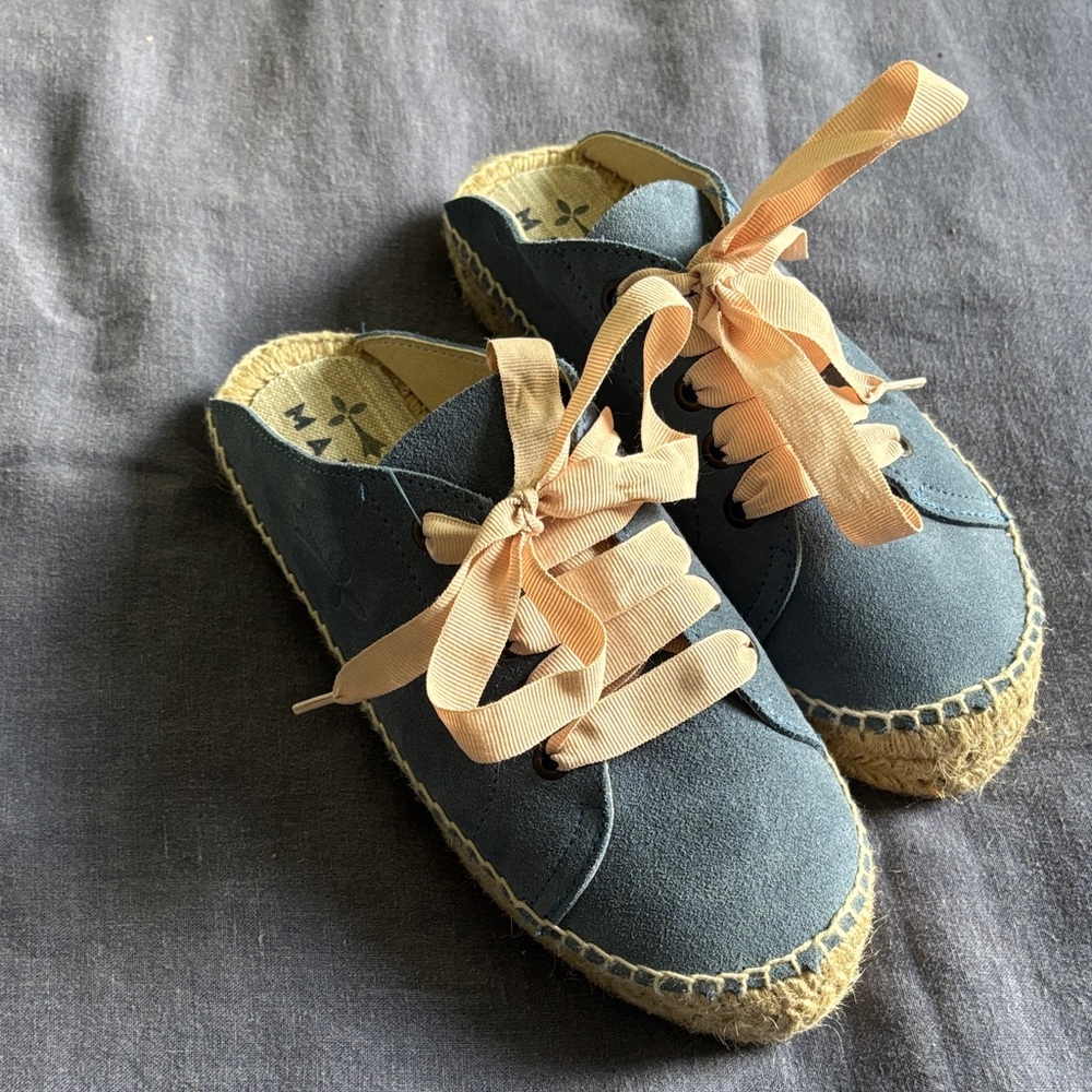 NWOT Manebi Blue suede Espadrille Slip-Ons with Ribbon Laces